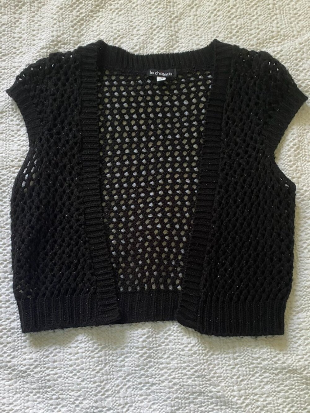 Le Château Black Metallic Shimmer Open Crochet Knit Cropped Vest - Size XS
